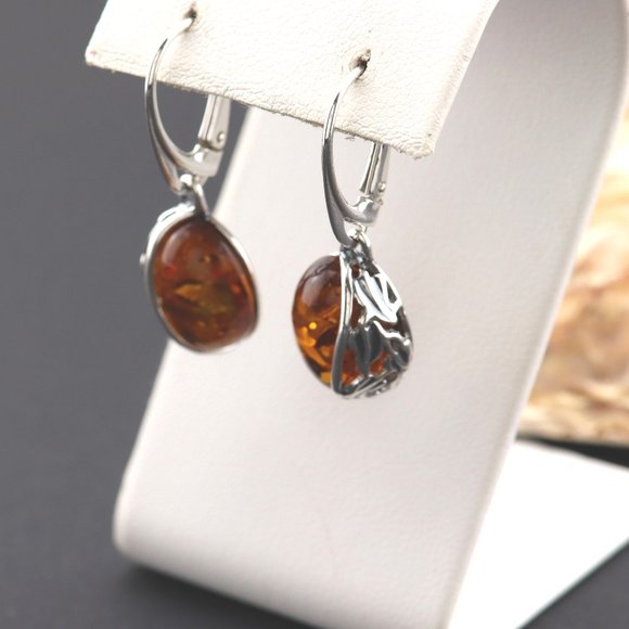 Sterling silver earrings with natural Baltic amber, amber drop earrings, dangle - Picture 14 of 14